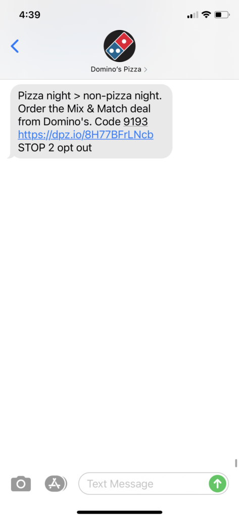 Domino's Text Message Marketing Example - 01.05.2021