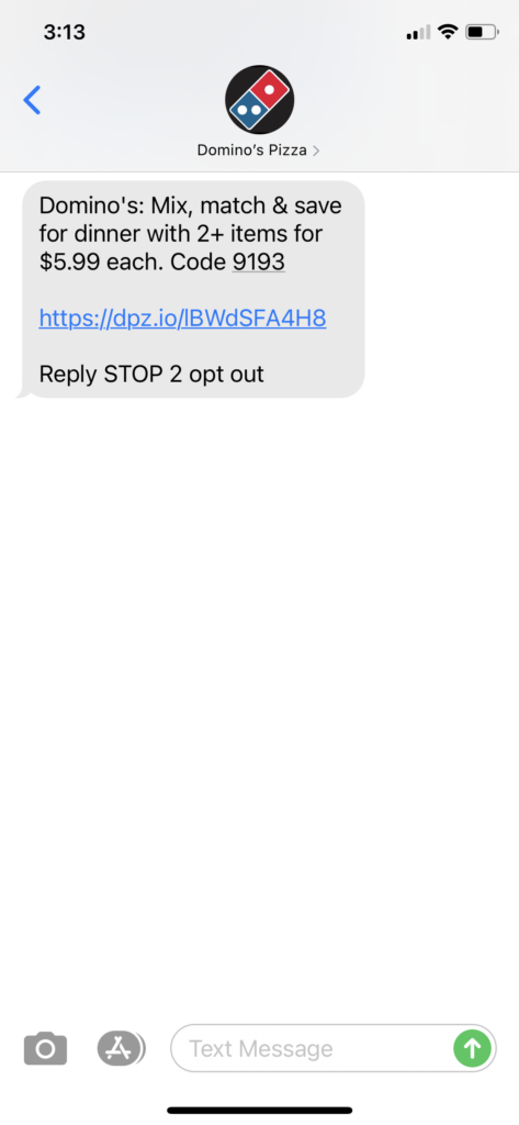 Domino's Text Message Marketing Example - 08.11.2020