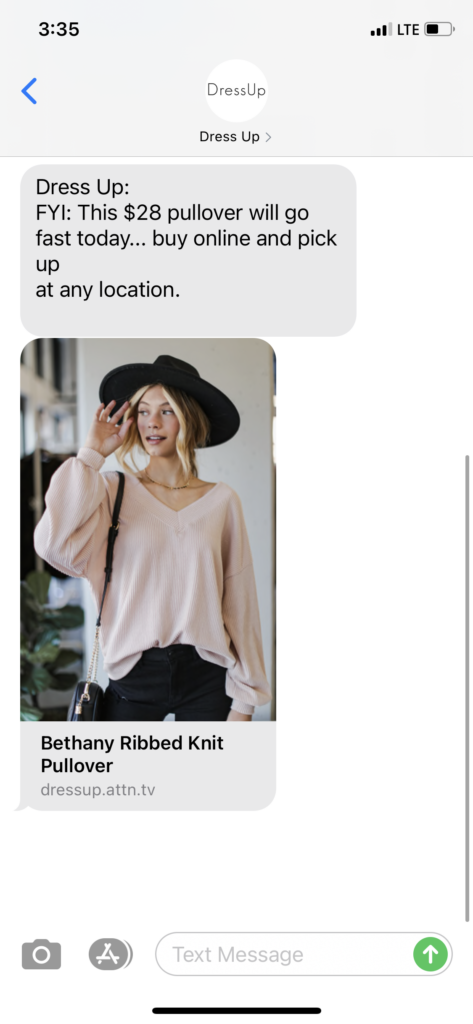 Dress Up Text Message Marketing Example - 01.16.2021