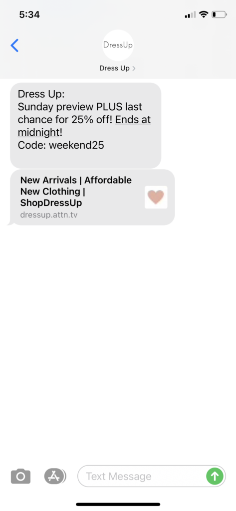 Dress Up Text Message Marketing Example - 01.24.2021