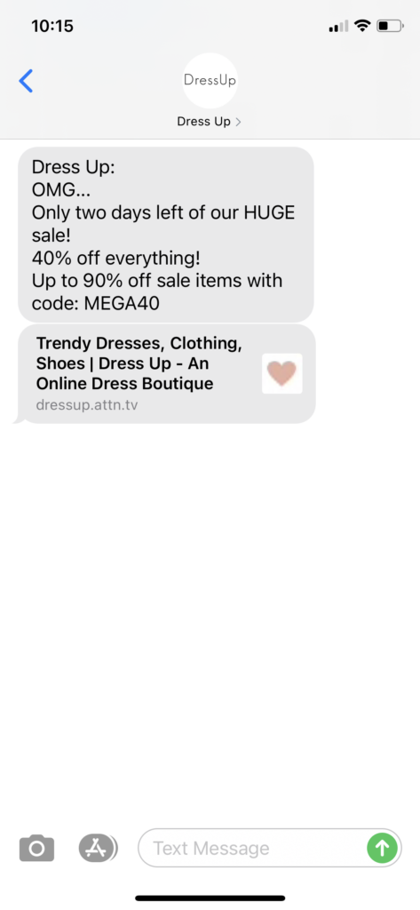 Dress Up Text Message Marketing Example - 12.30.2020