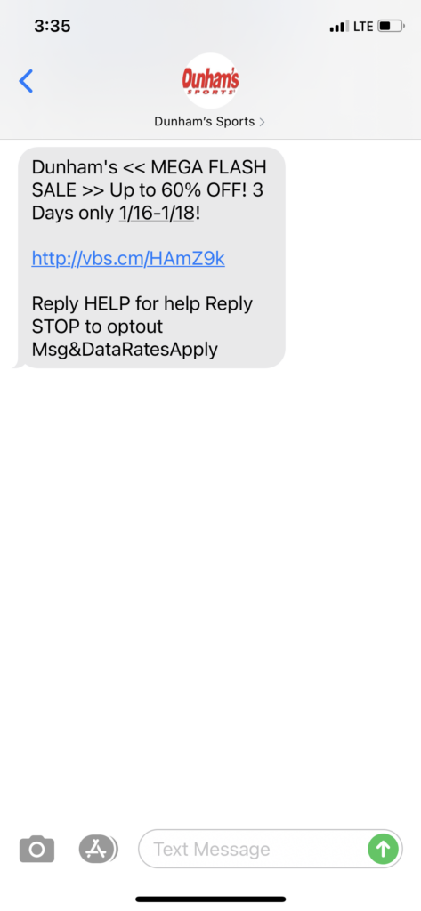 Dunham's Sports Text Message Marketing Example - 01.16.2021