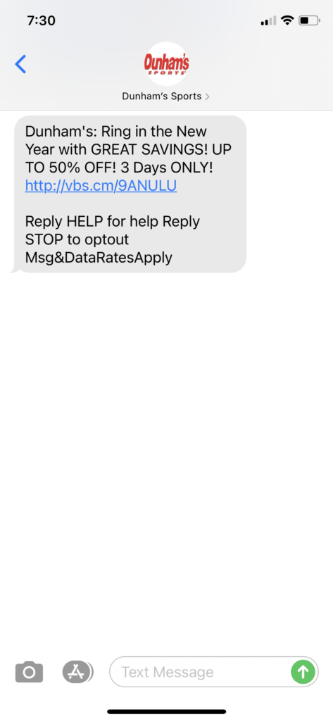 Dunhams Text Message Marketing Example - 01.01.2021