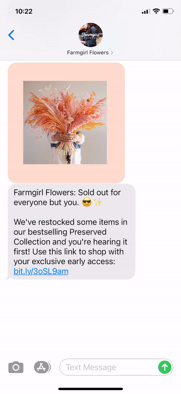 Farmgirl Flowers Text Message Marketing Example - 12.15.2020