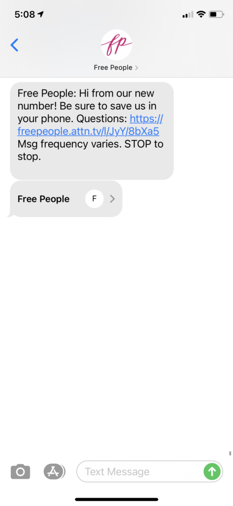 Free People Text Message Marketing Example - 01.08.2021