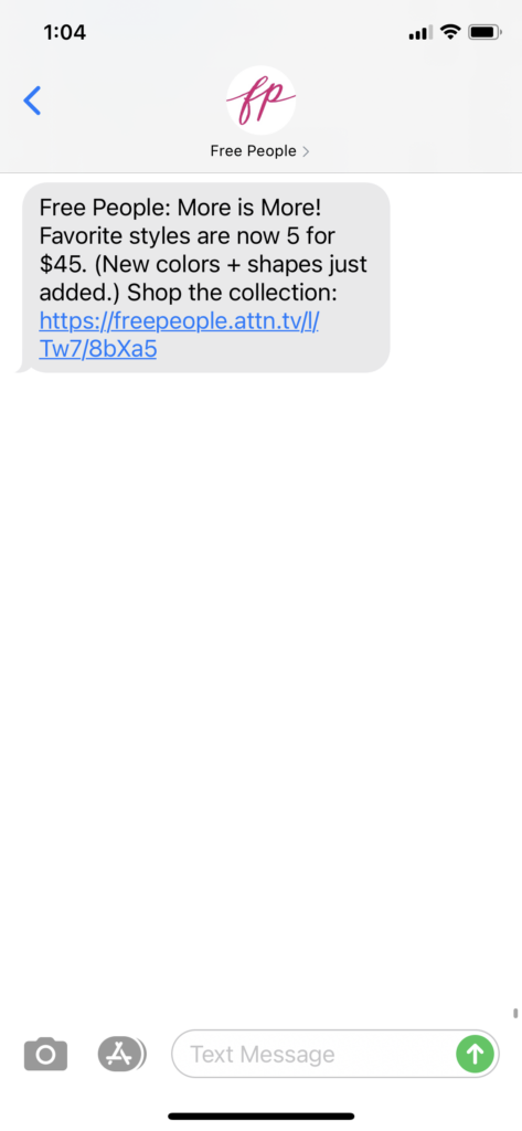 Free People Text Message Marketing Example - 01.23.2021