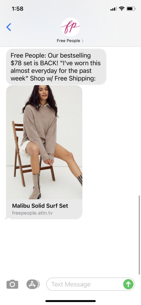 Free People Text Message Marketing Example - 11.10.2020