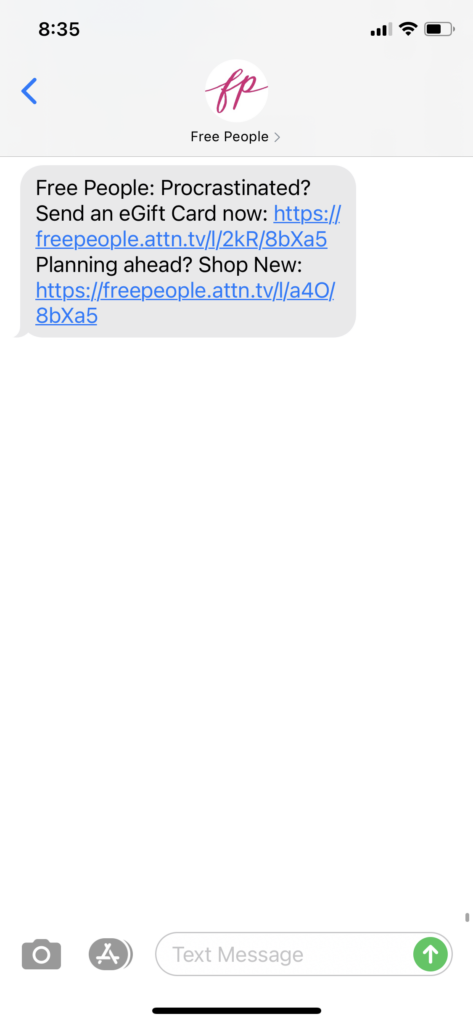 Free People Text Message Marketing Example - 12.23.2020