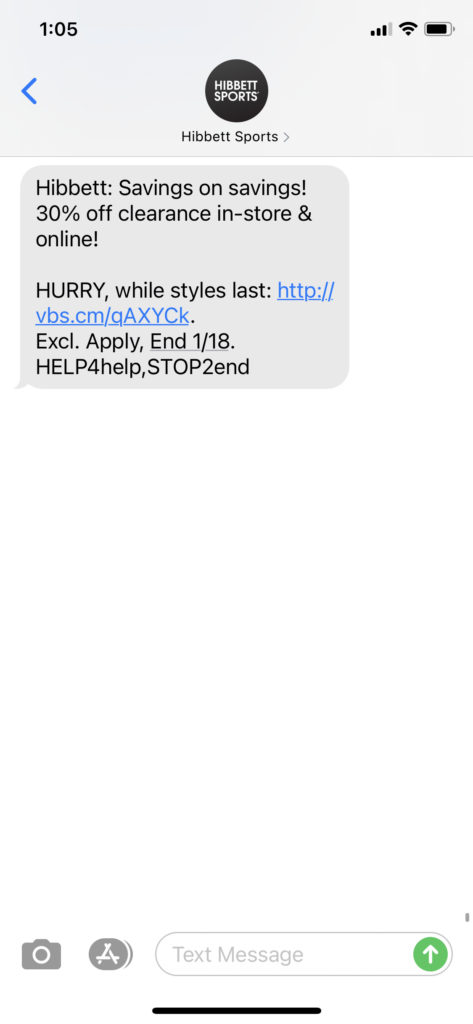 Hibbett Sports Text Message Marketing Example - 01.14.2021