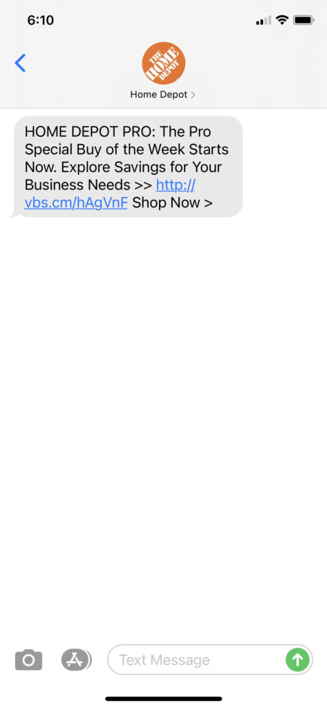Home Depot Pro Text Message Marketing Example - 01.04.2021
