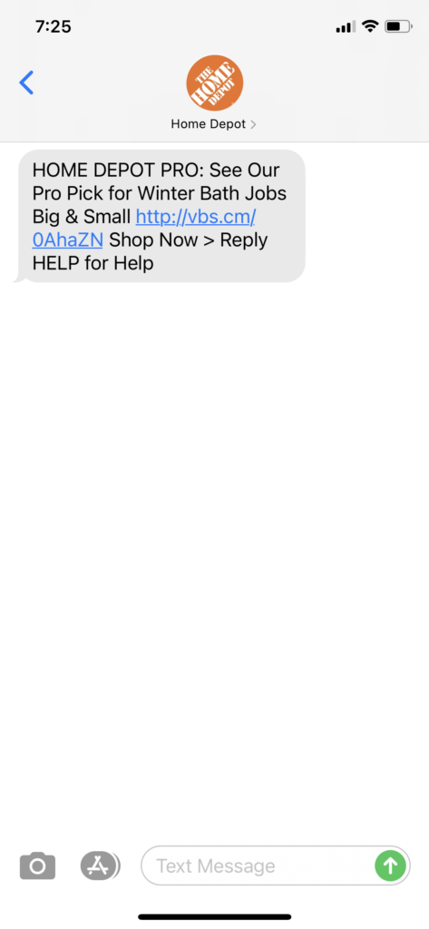 Home Depot Text Message Marketing Example - 01.18.2021