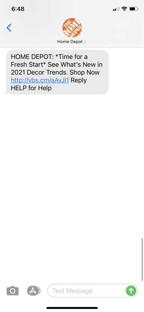 Home Depot Text Message Marketing Example - 01.19.2021