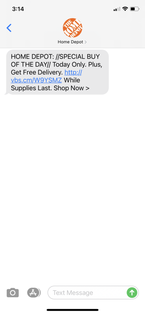Home Depot Text Message Marketing Example - 08.11.2020