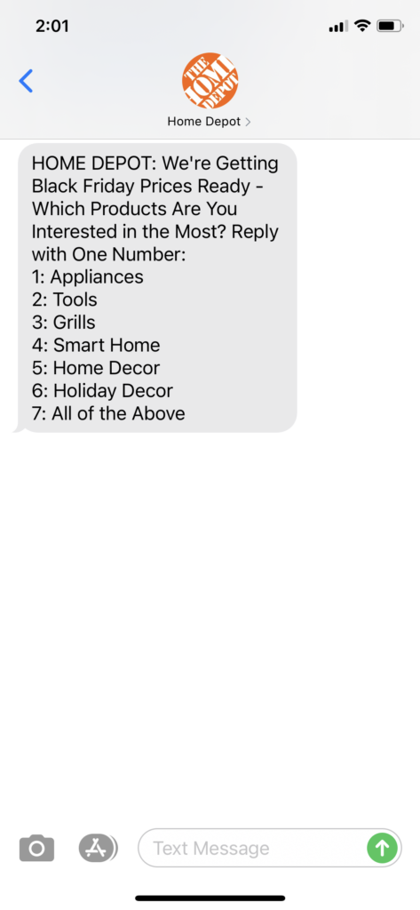 Home Depot Text Message Marketing Example - 11.10.2020