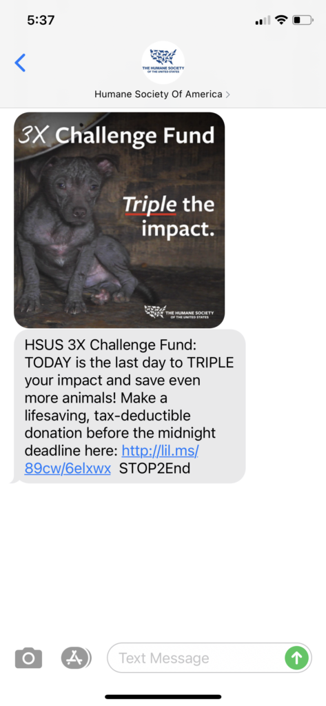 Humane Society 1 Text Message Marketing Example - 12.31.2020