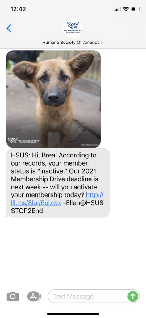 Humane Society of America Text Message Marketing Example - 01.27.2021