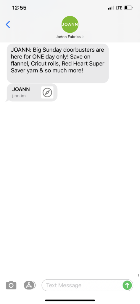 JoAnn Fabrics Text Message Marketing Example - 12.27.2020