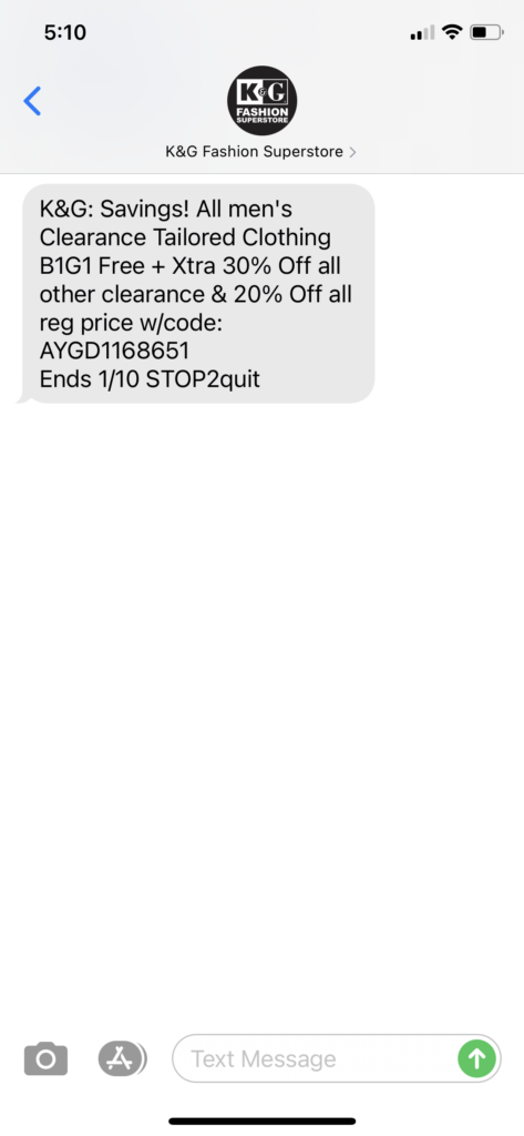 K&G Fashion Superstore Text Message Marketing Example - 01.08.2021