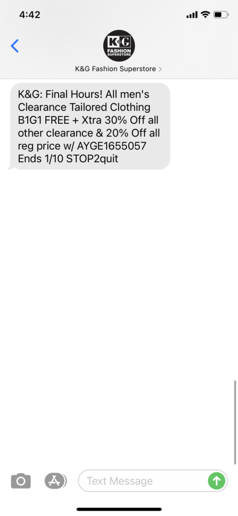 K&G Fashion Superstore Text Message Marketing Example - 01.10.2021