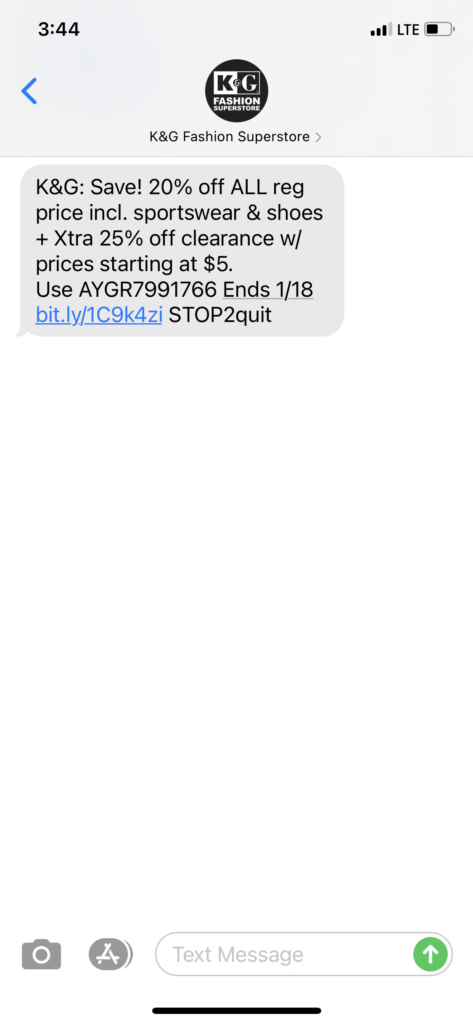 K&G Fashion Superstores Text Message Marketing Example - 01.15.2021