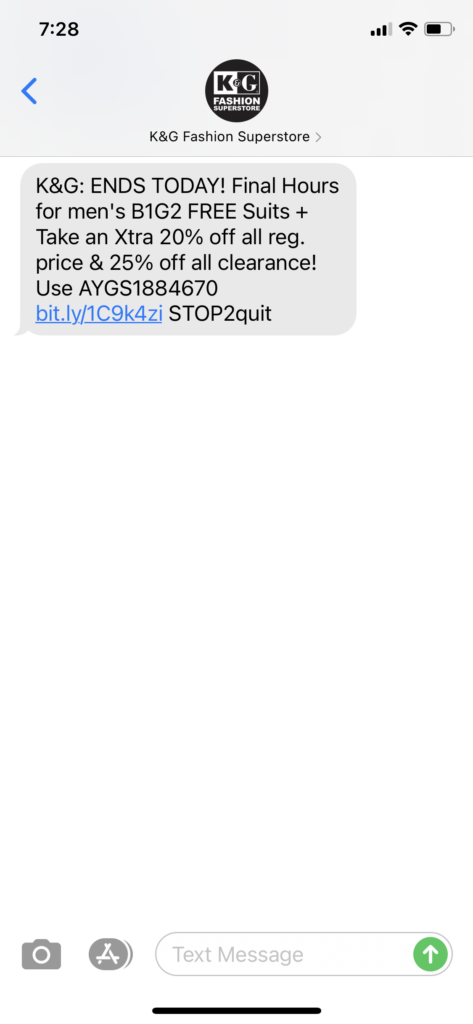 K&G Fashion Superstores Text Message Marketing Example - 01.18.2021