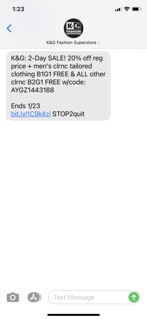 K&G Fashion Superstores Text Message Marketing Example - 01.22.2021