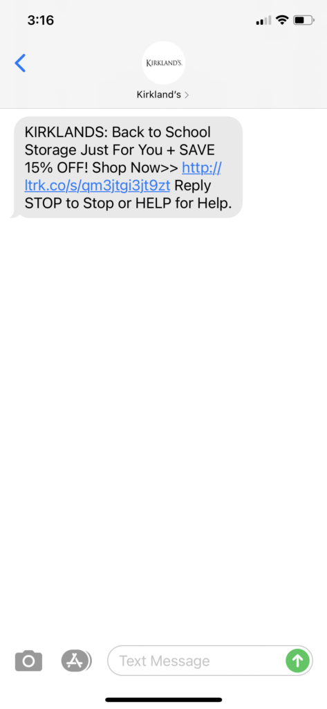 Kirkland's Text Message Marketing Example - 08.11.2020