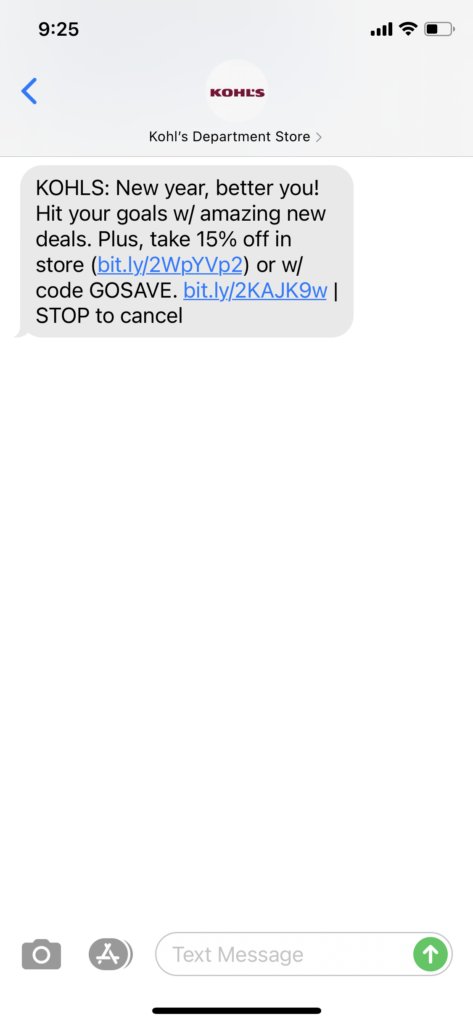 Kohl's Text Message Marketing Example - 01.07.2021