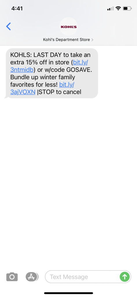 Kohl's Text Message Marketing Example - 01.10.2021
