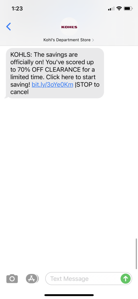 Kohl's Text Message Marketing Example - 01.13.2021