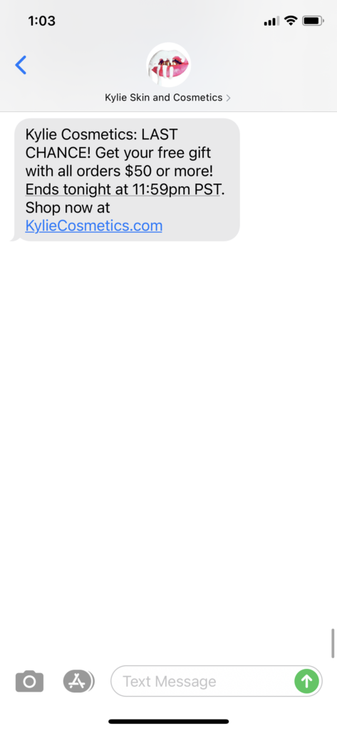 Kylie Skin and Cosmetics Text Message Marketing Example - 01.14.2021