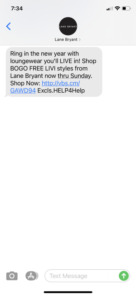 Lane Bryant Text Message Marketing Example - 01.01.2021