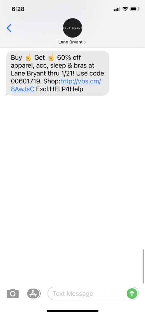 Lane Bryant Text Message Marketing Example - 01.20.2021