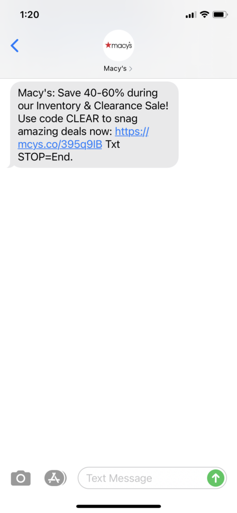 Macy's Text Message Marketing Example - 01.22.2021