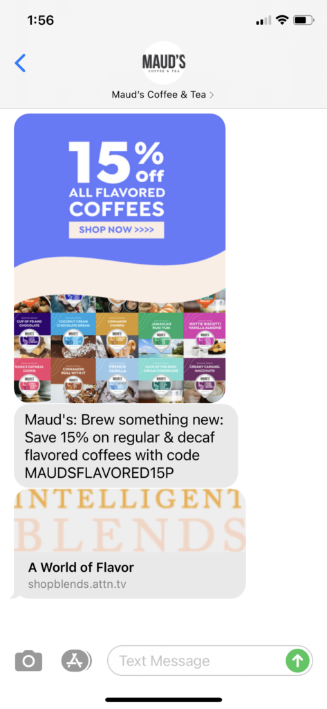 Maud's Coffee & Tea Text Message Marketing Example - 01.11.2021
