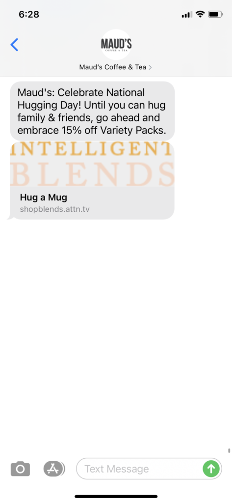 Maud's Coffee & Tea Text Message Marketing Example - 01.20.2021