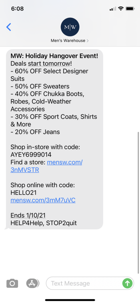 Men's Warehouse Text Message Marketing Example - 01.04.2021