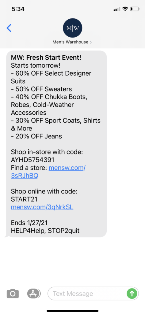 Men's Warehouse Text Message Marketing Example - 01.24.2021
