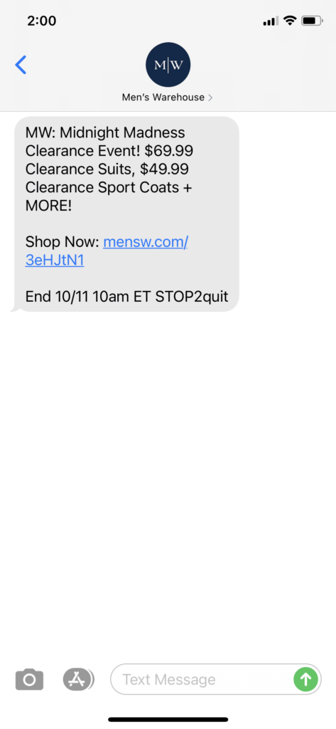Mens Warehouse Text Message Marketing Example - 11.10.2020