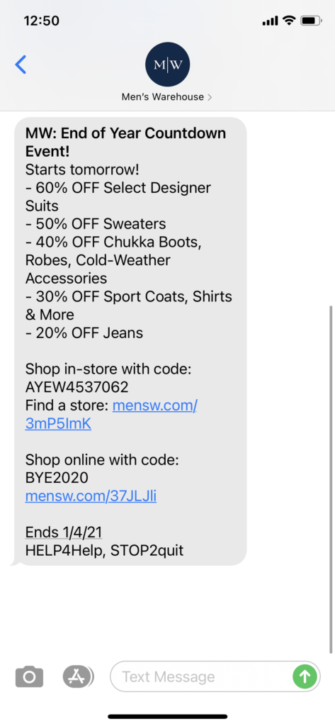 Men's Warehouse Text Message Marketing Example - 12.27.2020