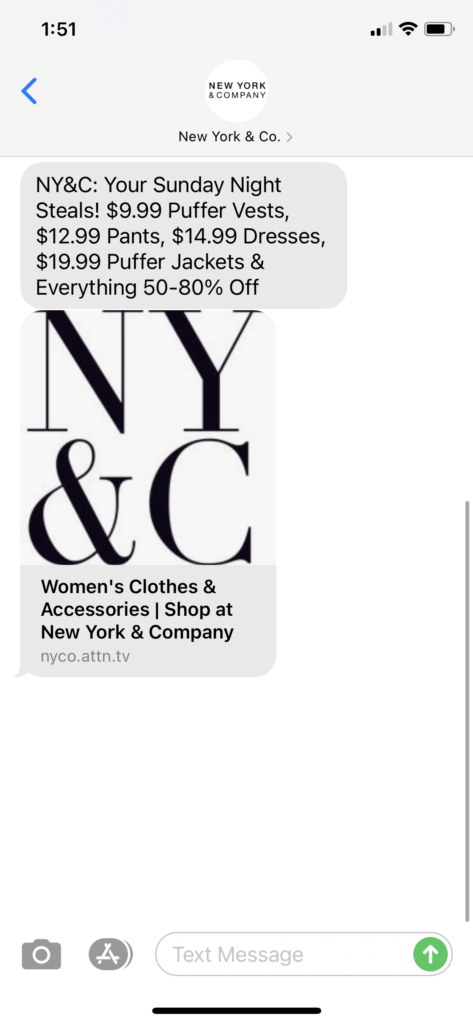 New York & Co Text Message Marketing Example - 01.10.2021
