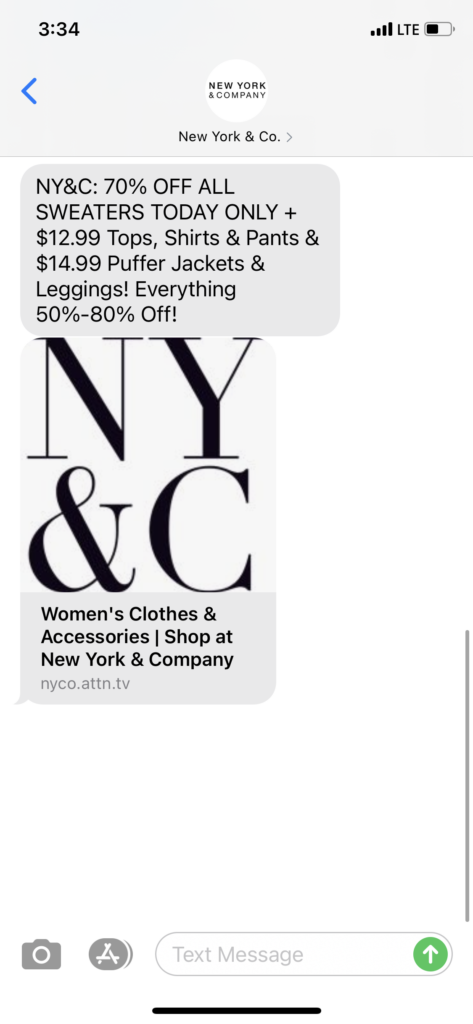 New York & Co Text Message Marketing Example - 01.16.2021