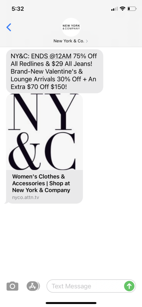 New York & Co Text Message Marketing Example - 01.24.2021