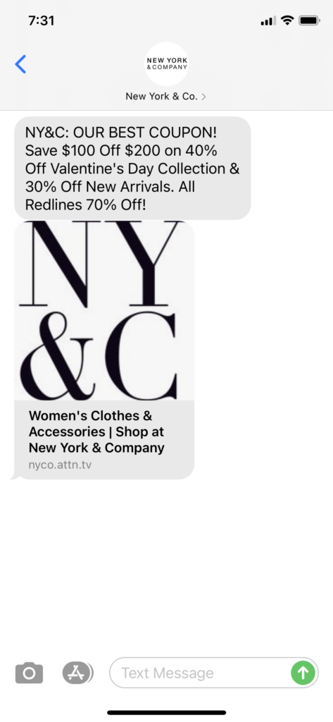 New York & Co Text Message Marketing Example - 01.30.2021