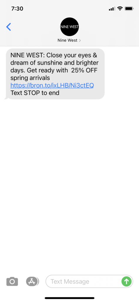 Nine West Text Message Marketing Example - 01.30.2021