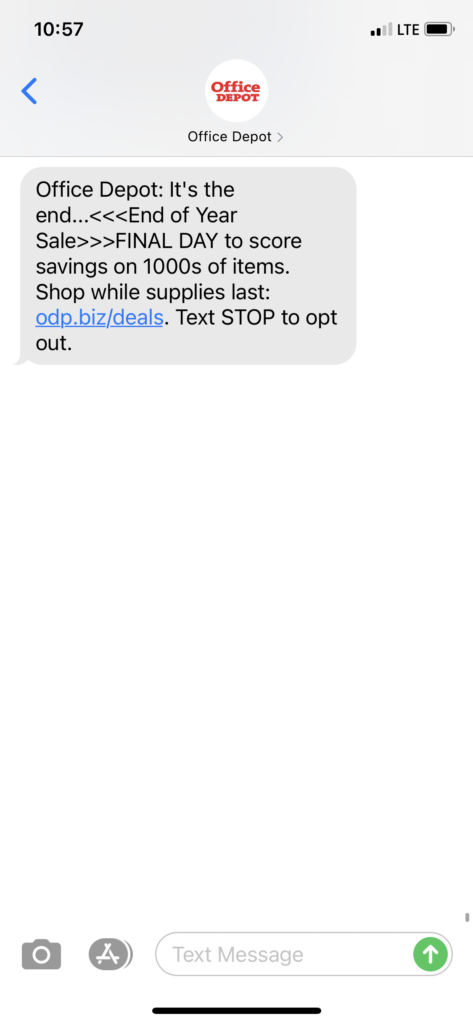Office Depot Text Message Marketing Example - 12.31.2020