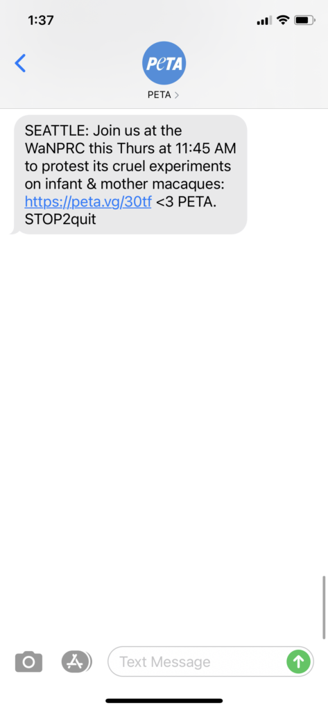 PETA Text Message Marketing Example - 01.12.2021