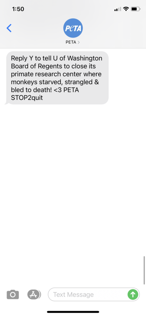 PETA Text Message Marketing Example - 01.14.2021