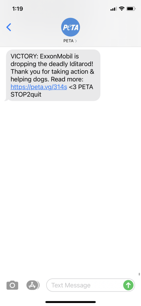PETA Text Message Marketing Example - 01.22.2021