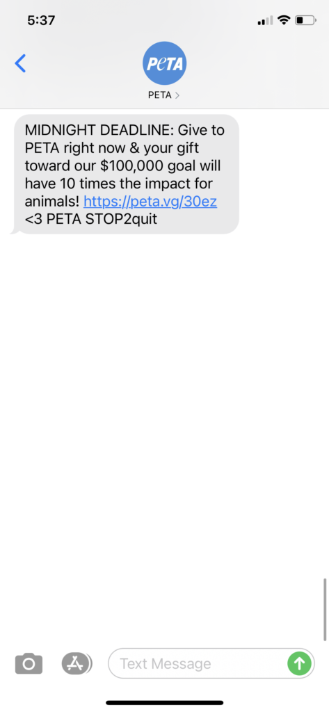PETA Text Message Marketing Example - 12.31.2020